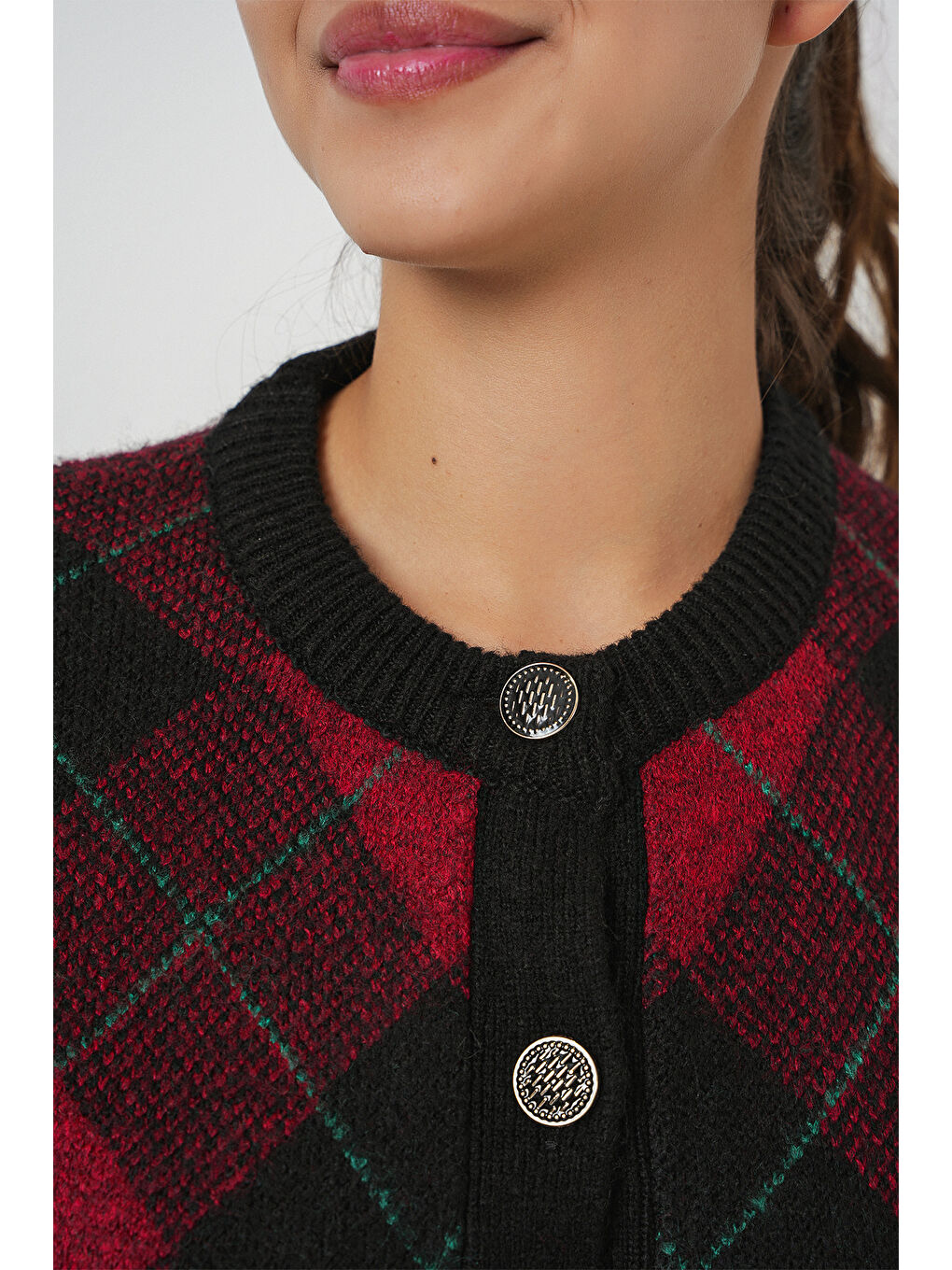 Kadın Desenli Düğmeli Triko Hırka 15927 - Bordo-4