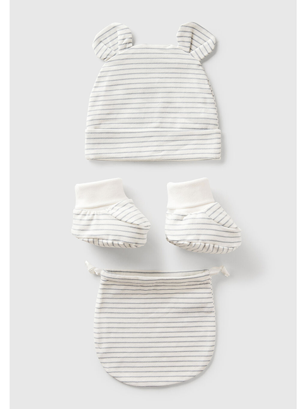 Bebek Beyaz Kulak Aplikeli Şapka ve Patik Çantalı Takım