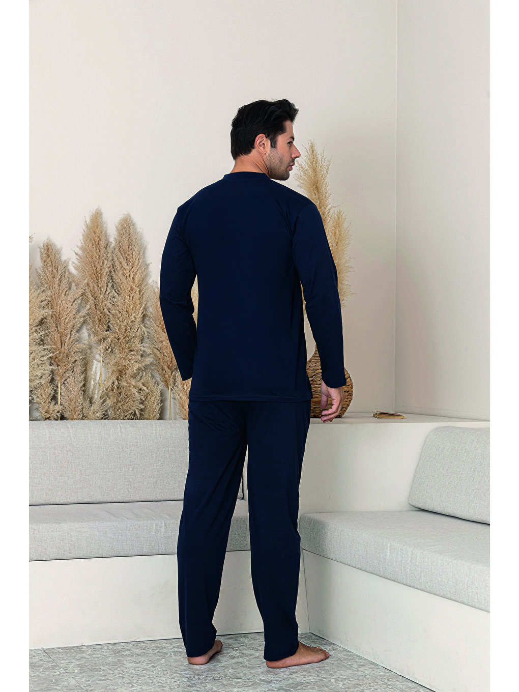 Erkek Lacivert %100 Organik Doğal Pamuk Yüksek Kalite Düğmeli Uzun Kollu Battal Pijama Takımı-2