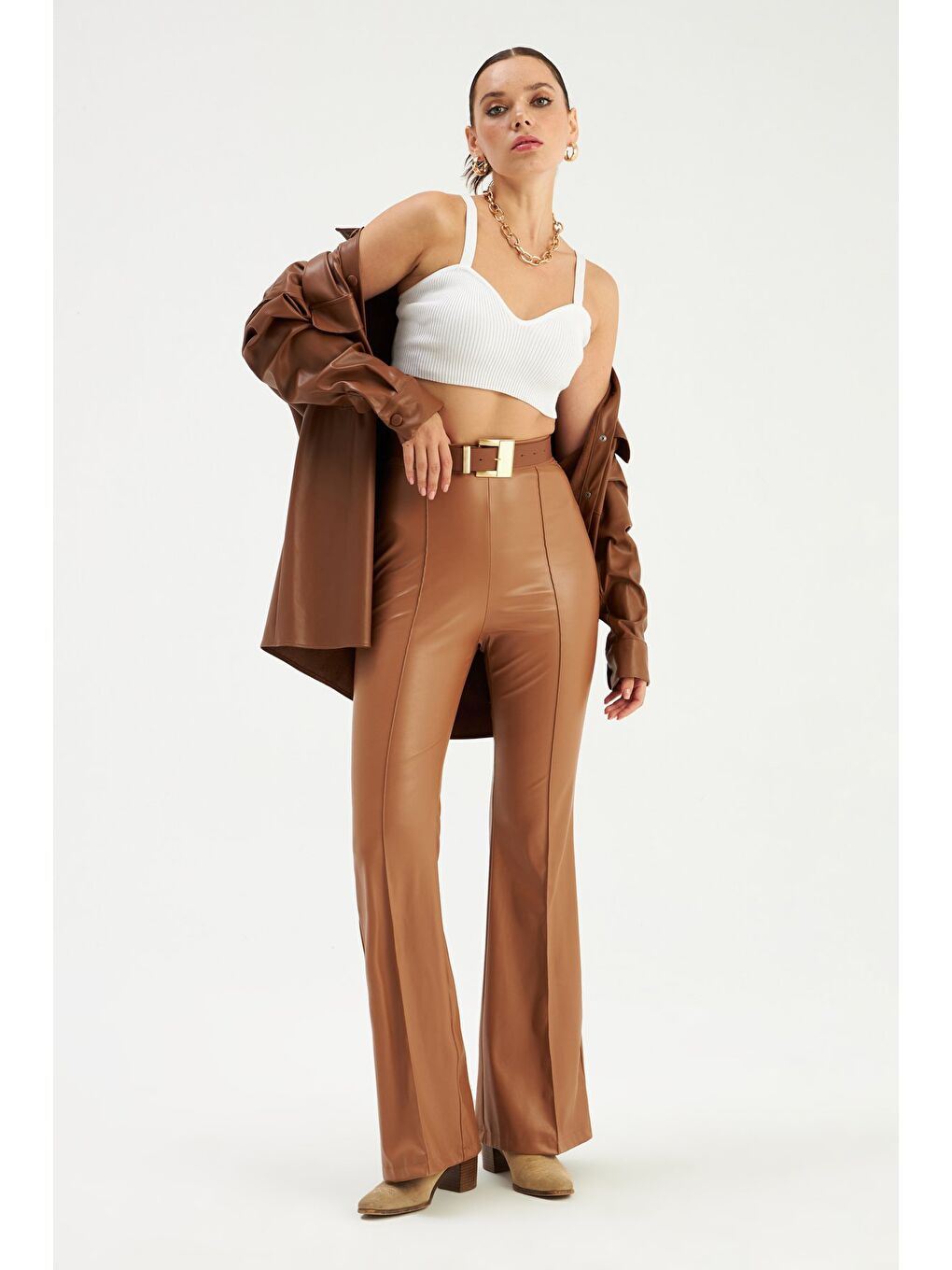 Kahverengi İspanyol Paça Deri Pantolon - Kahve-1