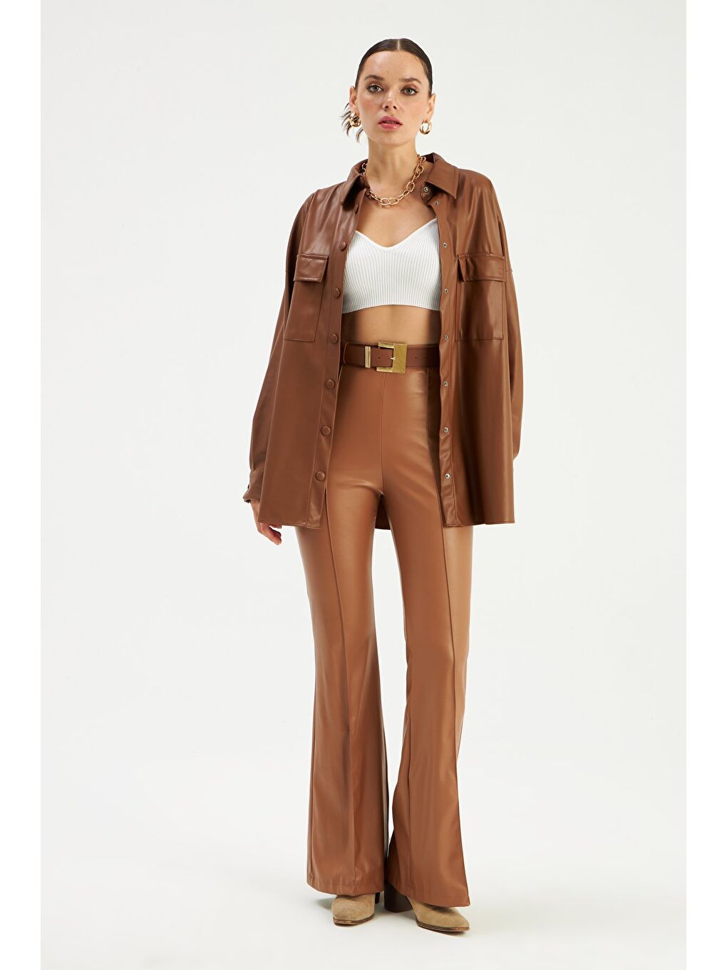 Kahverengi İspanyol Paça Deri Pantolon - Kahve-2