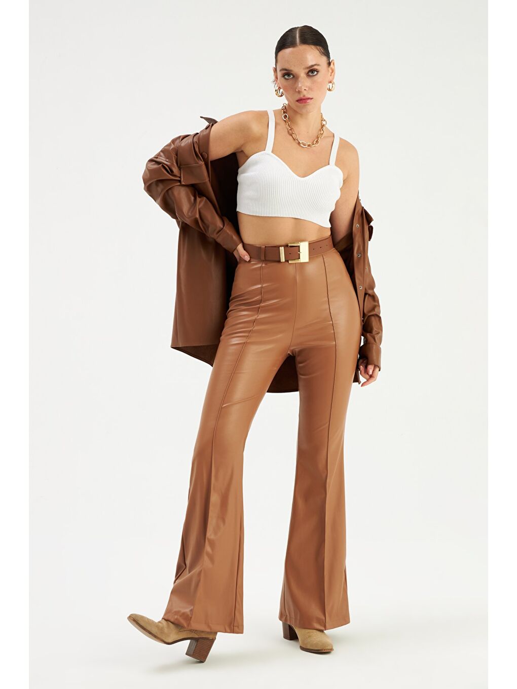 Kahverengi İspanyol Paça Deri Pantolon - Kahve-3