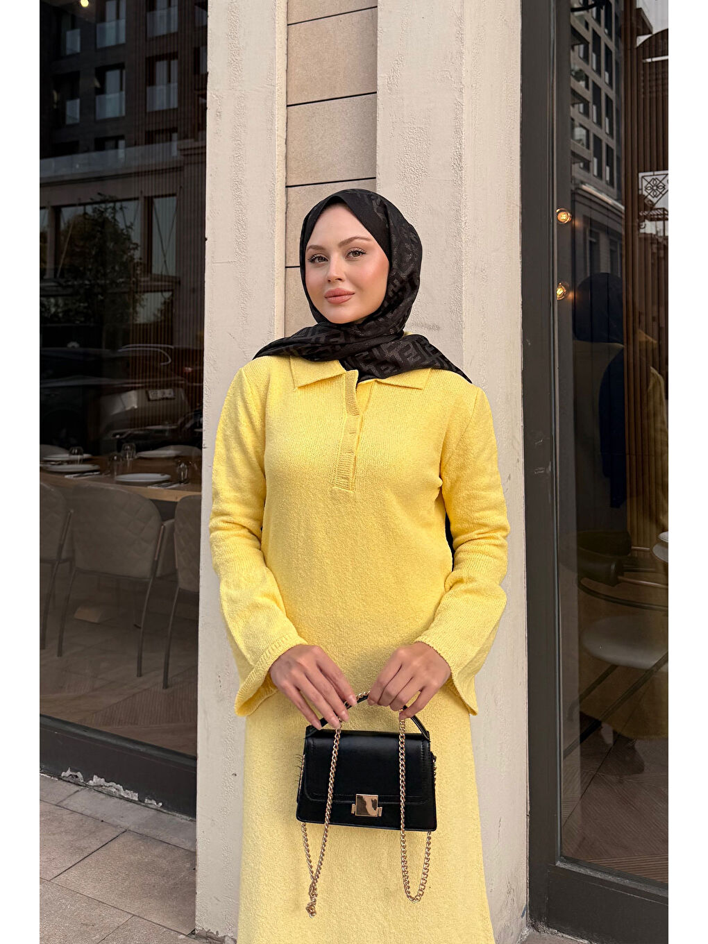 Kadın Geniş Kol Triko Elbise Sarı-1