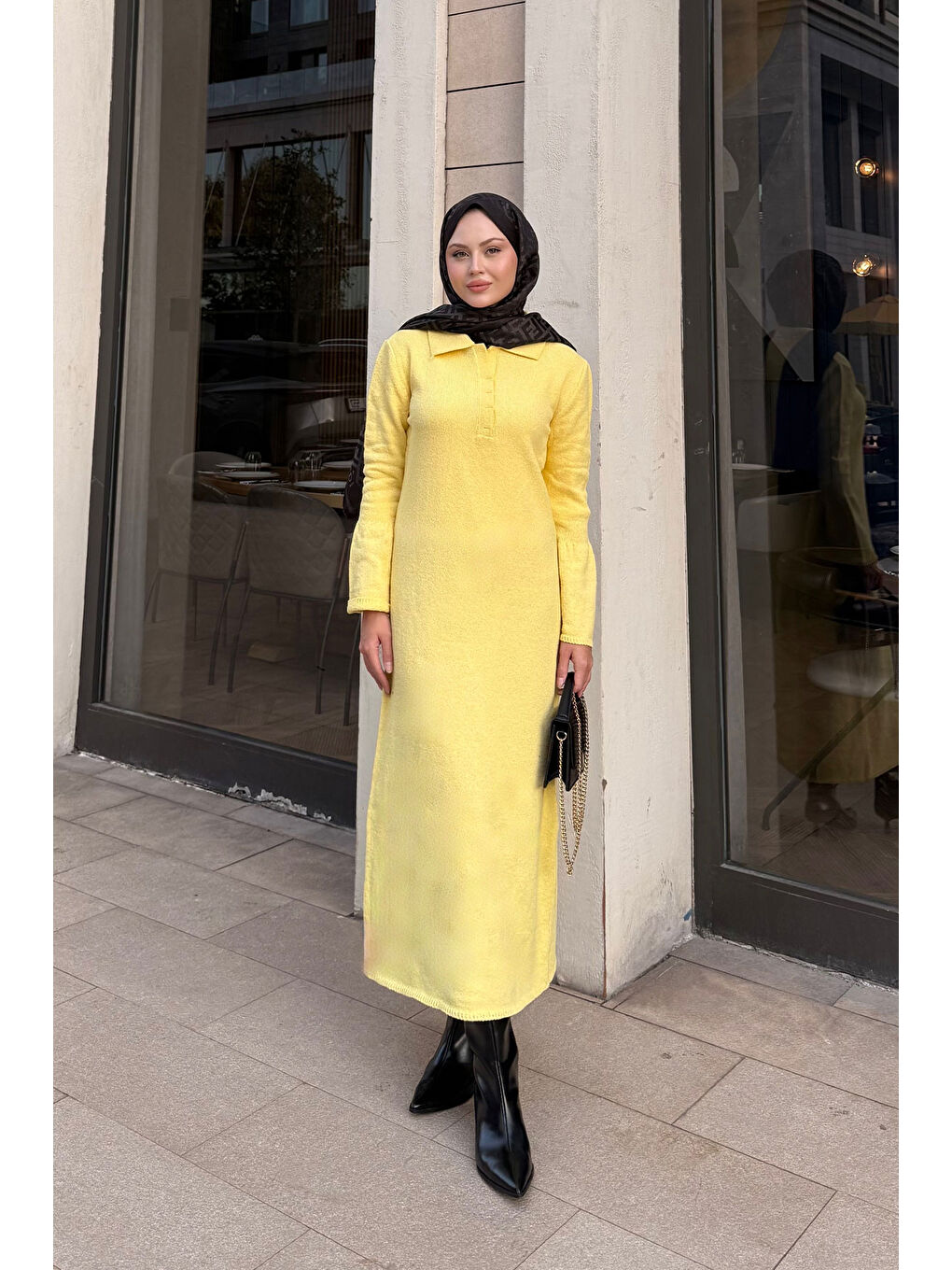 Kadın Geniş Kol Triko Elbise Sarı-2