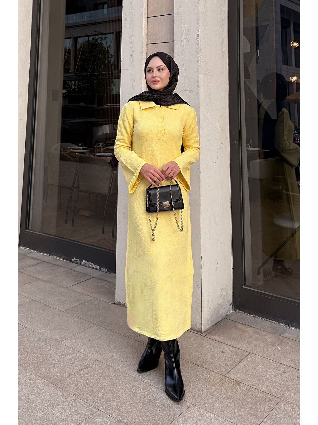 Kadın Geniş Kol Triko Elbise Sarı-3