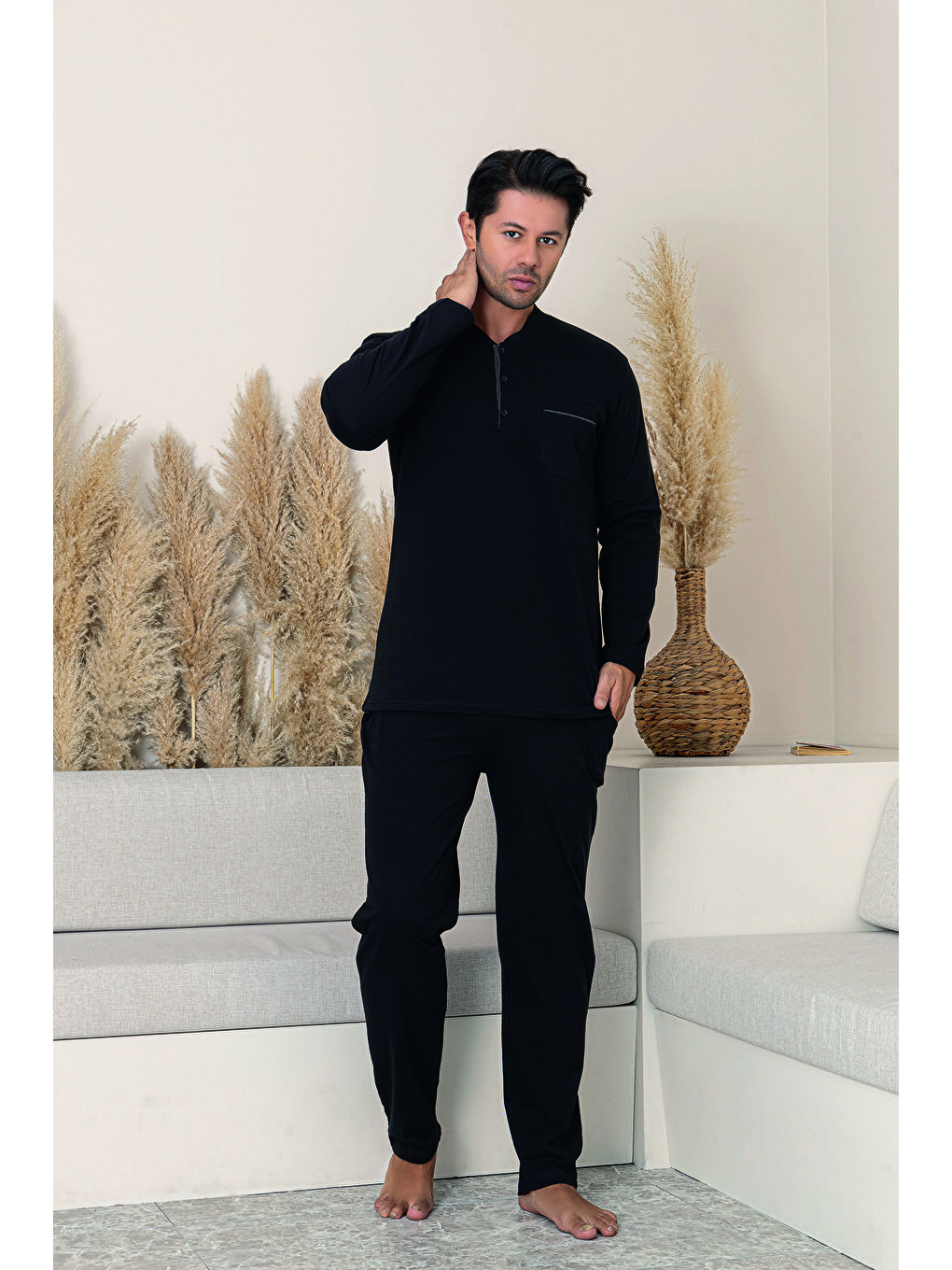 Erkek Siyah %100 Organik Doğal Pamuk Yüksek Kalite Düğmeli Uzun Kollu Pijama Takımı-3