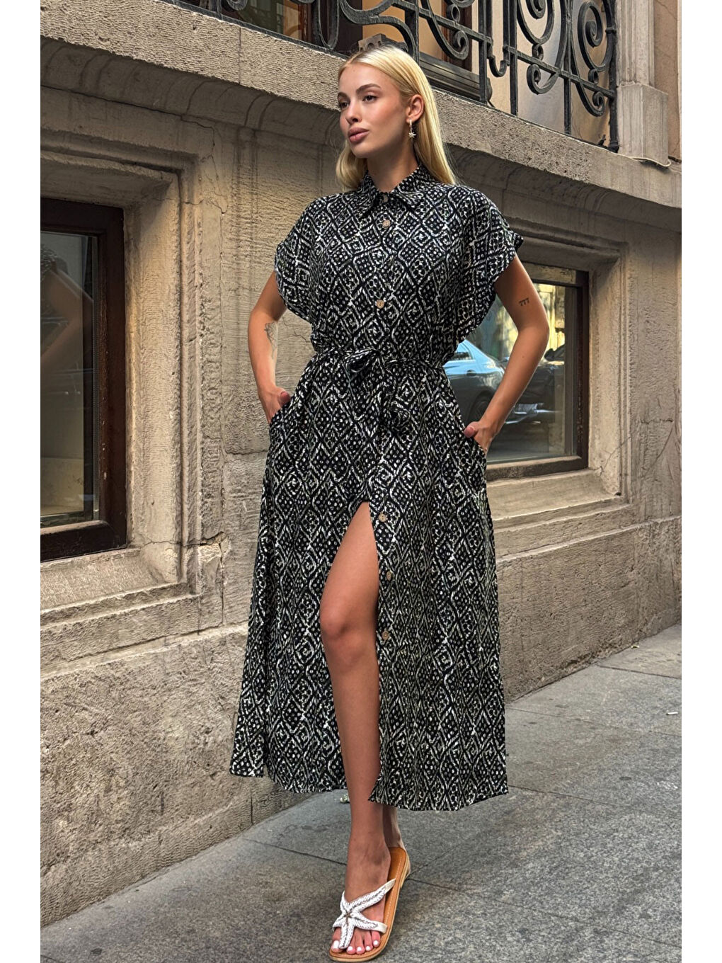 Siyah Kemerli Desenli Dokuma Gömlek Elbise-3