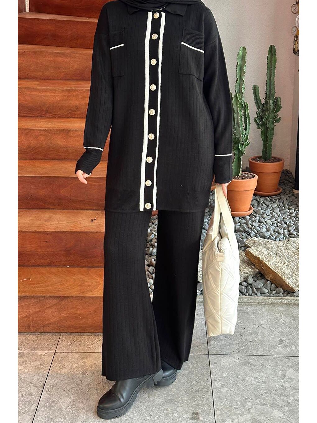 Cep Detaylı Garnili Triko Takım Siyah-2