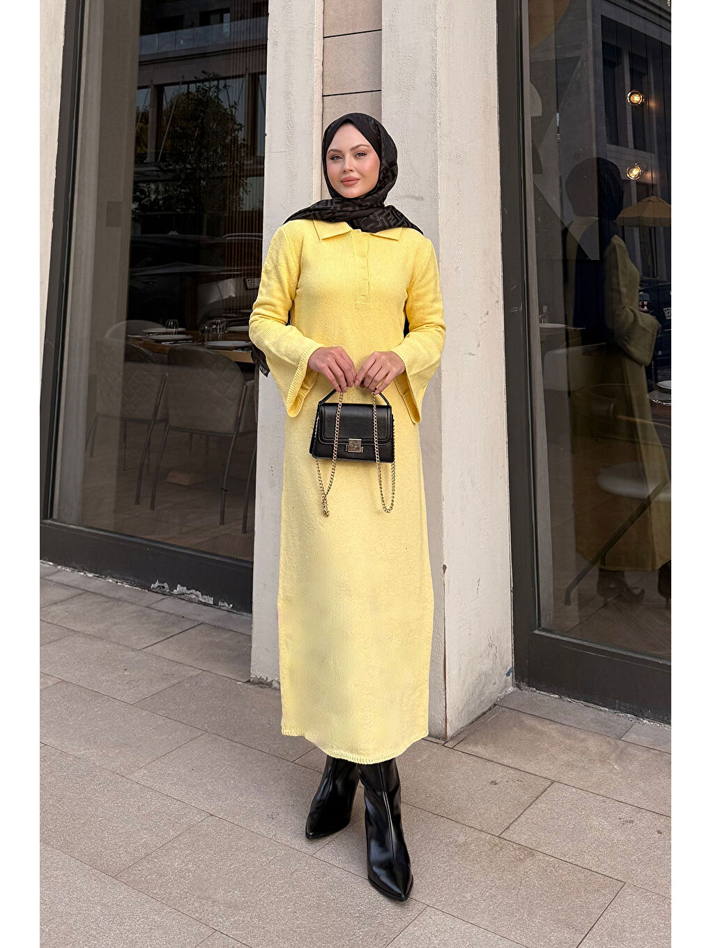 Kadın Geniş Kol Triko Elbise Sarı-4