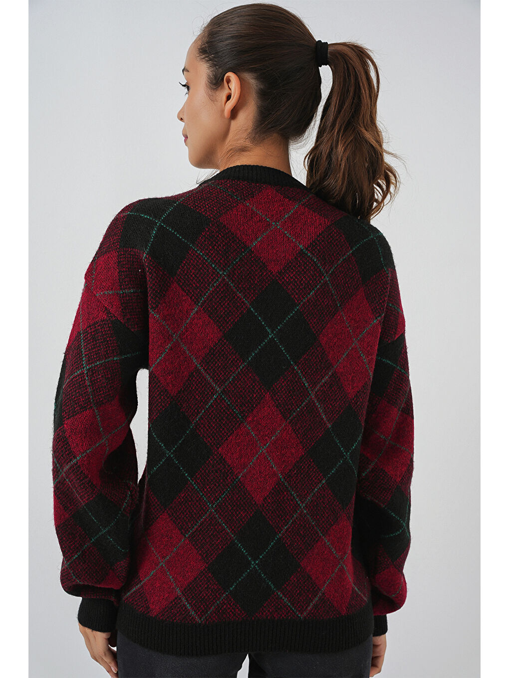 Kadın Desenli Düğmeli Triko Hırka 15927 - Bordo-5