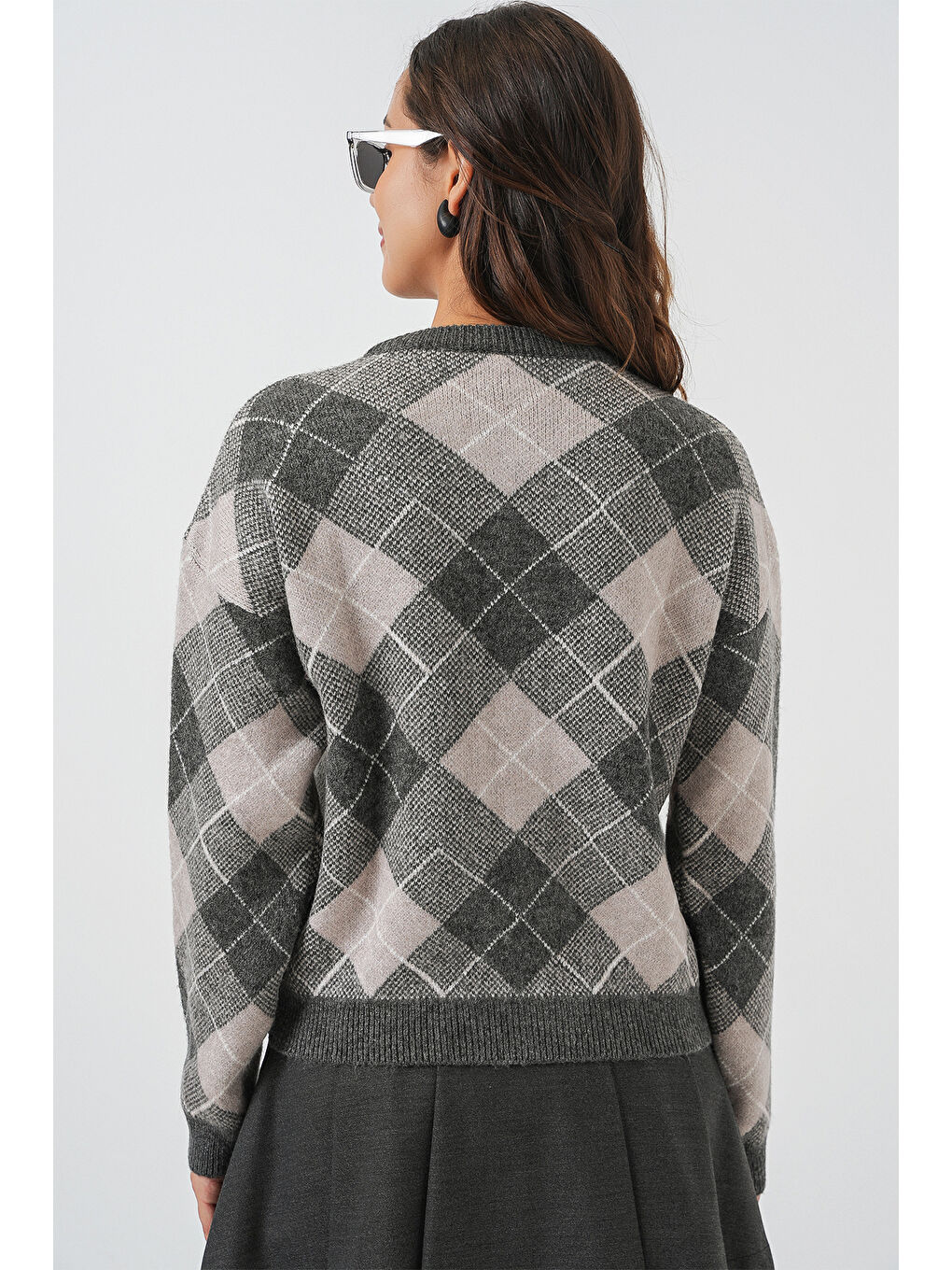 Kadın Desenli Düğmeli Triko Hırka 15927 - Antrasit-5