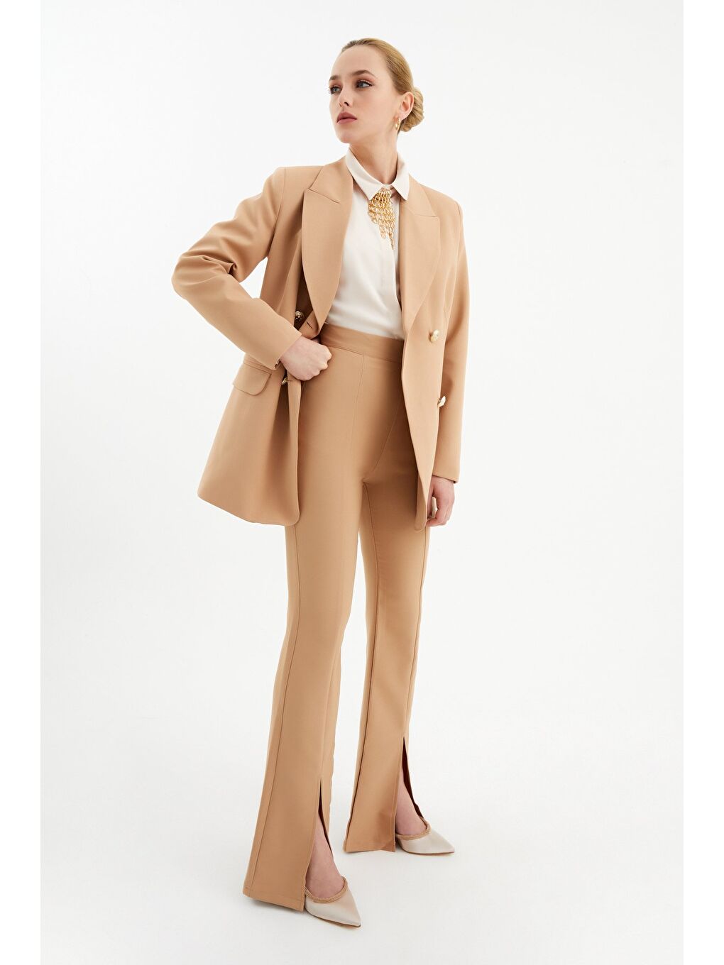 Kahverengi Yırtmaç Detaylı İspanyol Pantolon - Camel