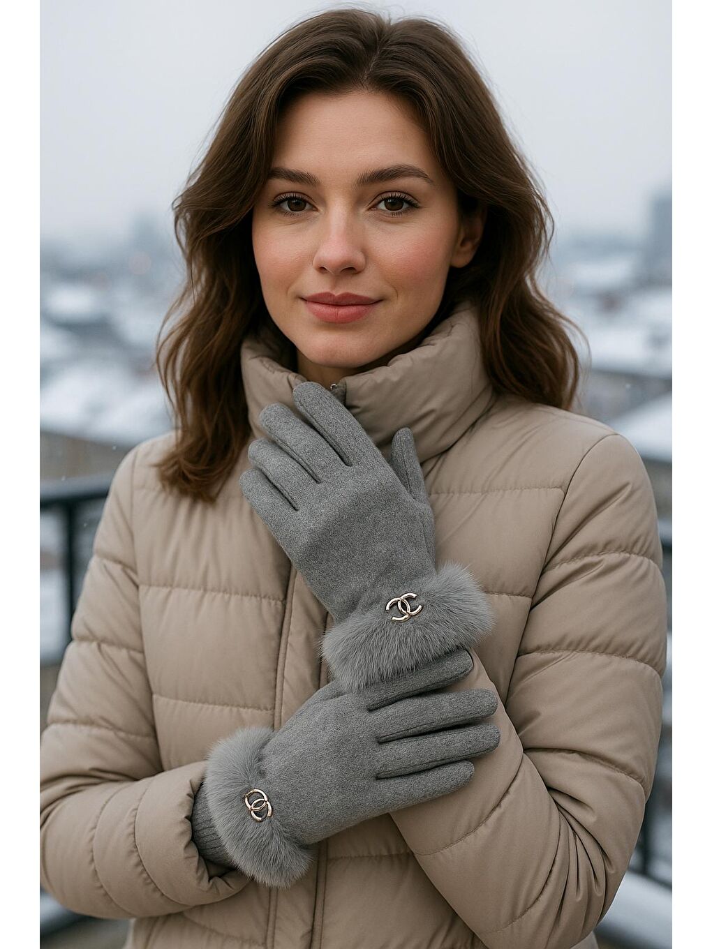 Kadın Bileği Kürklü Dokunmatik Gri Eldiven ELD29