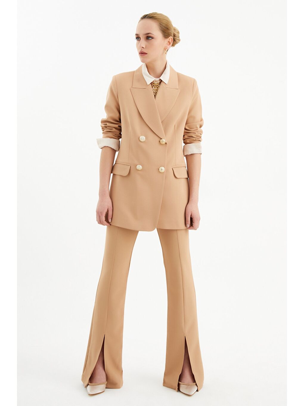 Kahverengi Yırtmaç Detaylı İspanyol Pantolon - Camel-1