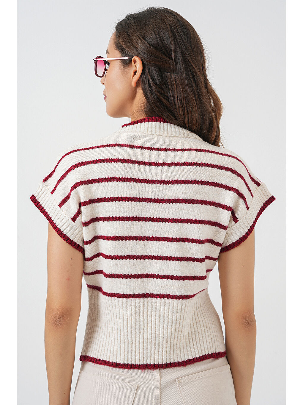 Kadın Çizgili Triko Süveter 15926 - Bordo-5
