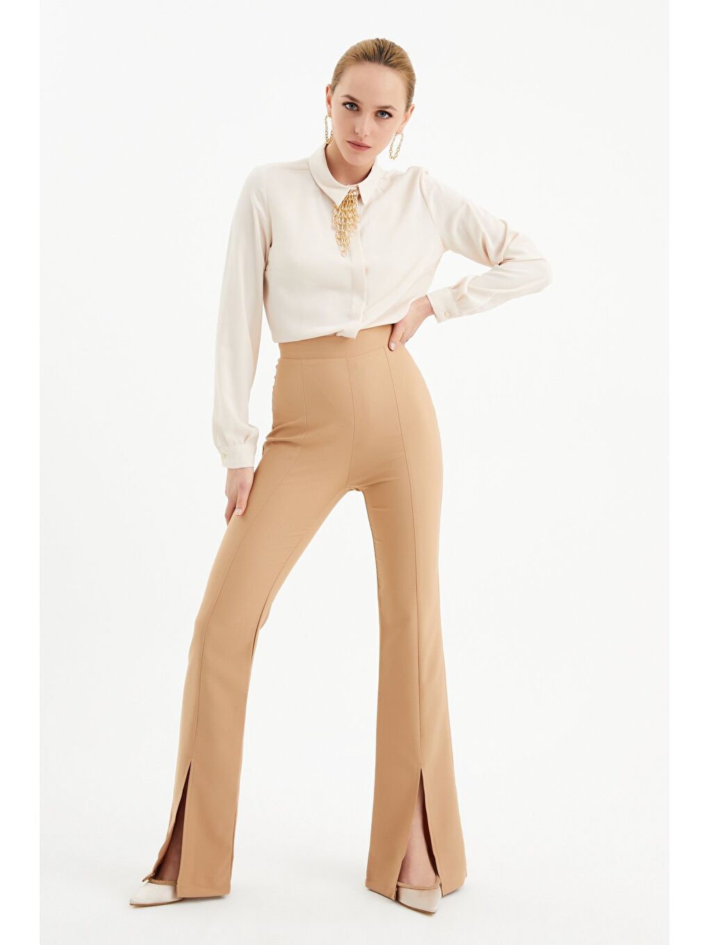 Kahverengi Yırtmaç Detaylı İspanyol Pantolon - Camel-2