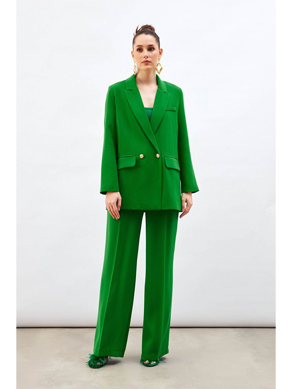 Pile Detaylı Salaş Pantolon - Yeşil-1