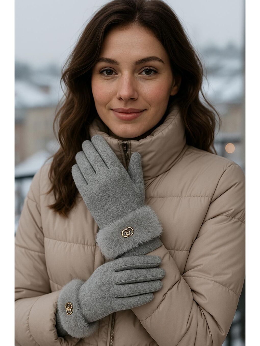 Kadın Bileği Kürklü Dokunmatik Gri Eldiven ELD29-1