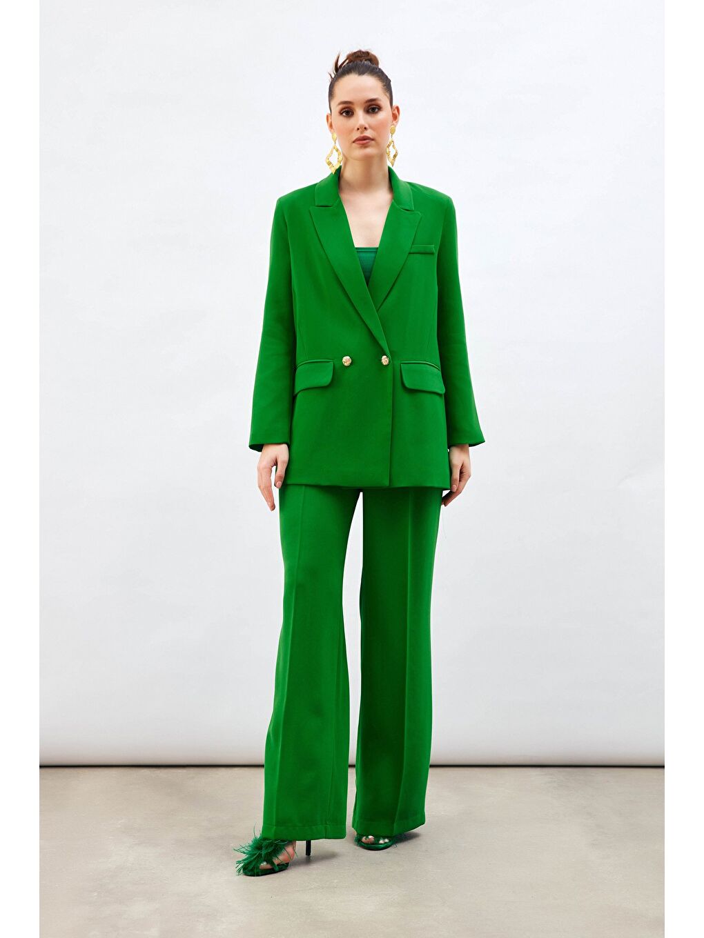 Pile Detaylı Salaş Pantolon - Yeşil-2