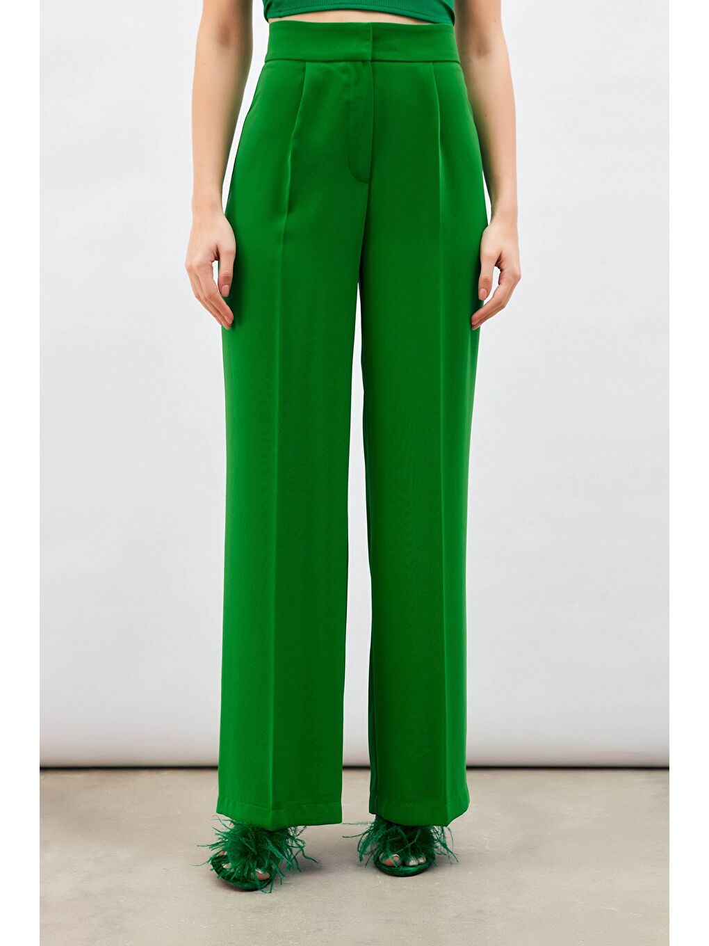 Pile Detaylı Salaş Pantolon - Yeşil-3