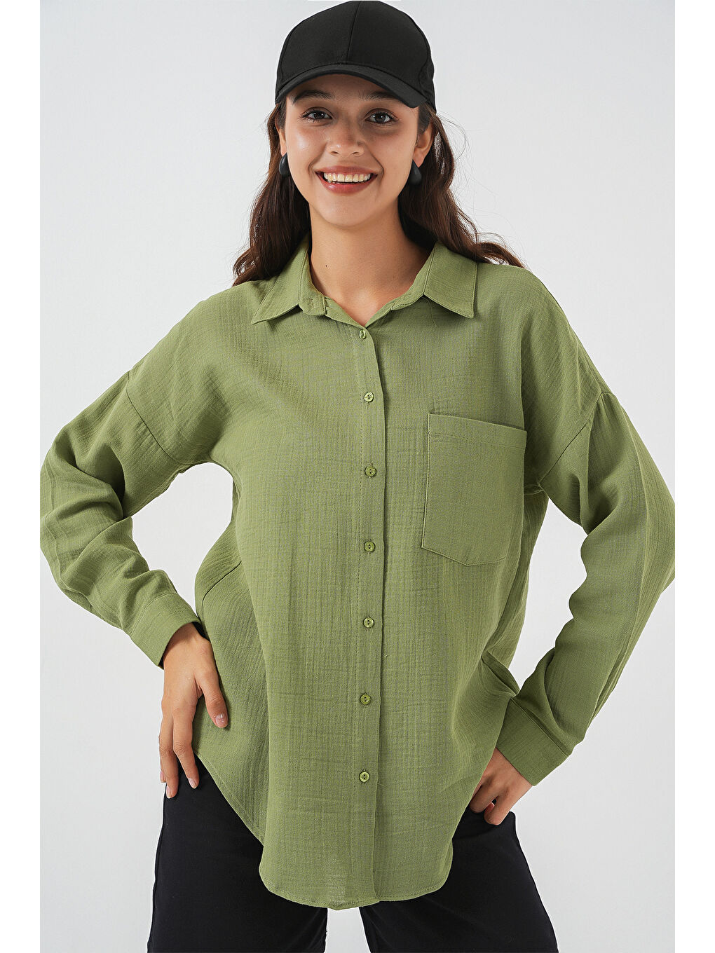 Yeşil Kadın Tek Cepli Oversize Müslin Gömlek 20353 - Çağla