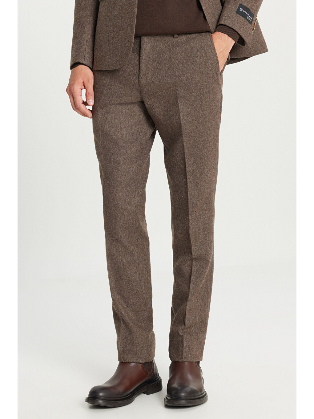 Erkek Kahverengi Yünlü Slim Fit Dar Kesim Mono Yaka Kapak Cepli Esnek Takım Elbise-6