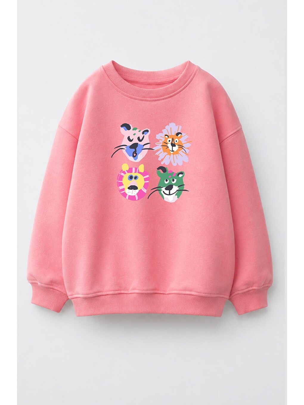 Pembe Kız Çocuk 3 İplik Kumaş Pamuklu Hayvan Baskılı Sweatshirt