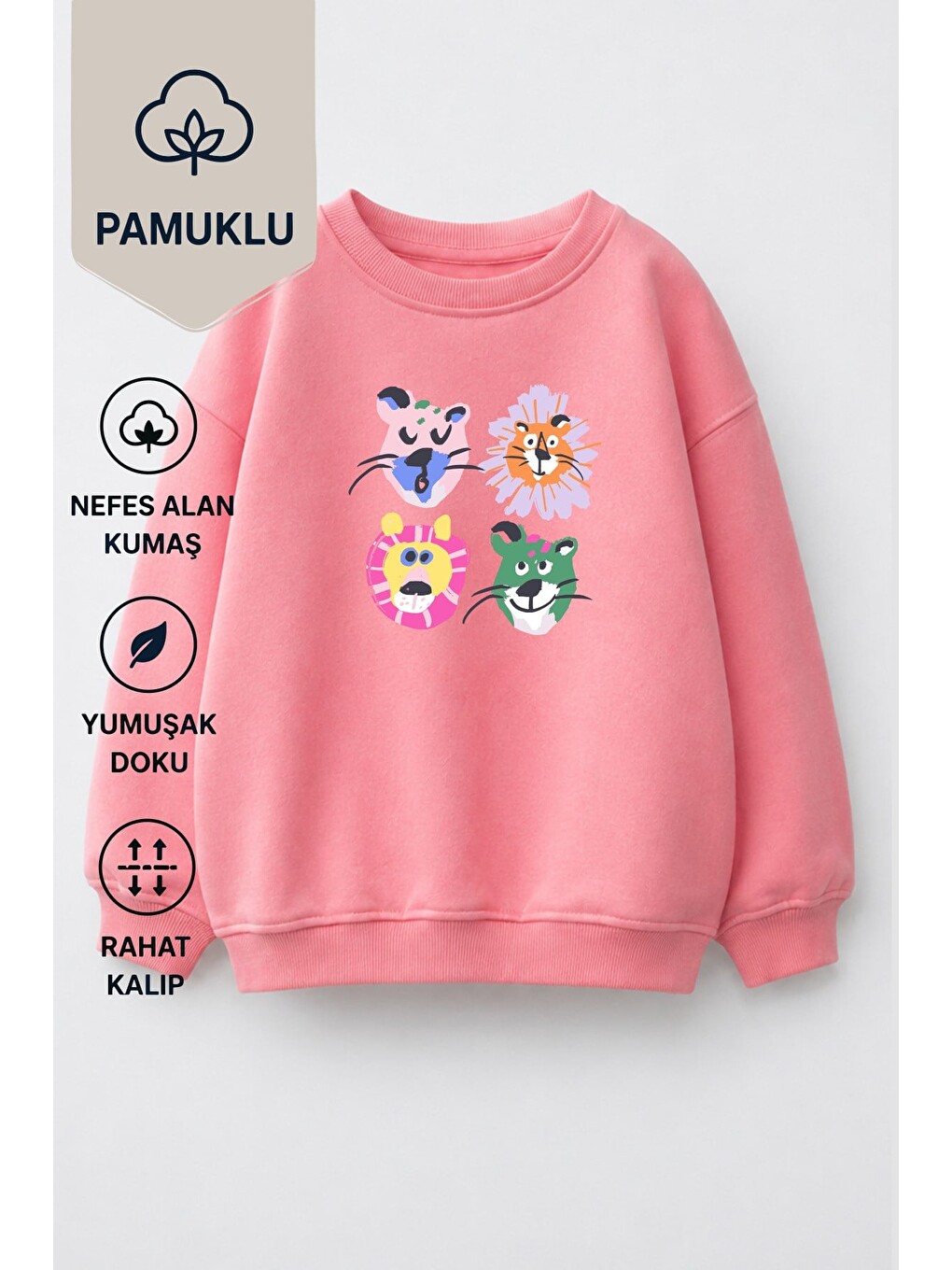 Pembe Kız Çocuk 3 İplik Kumaş Pamuklu Hayvan Baskılı Sweatshirt-1