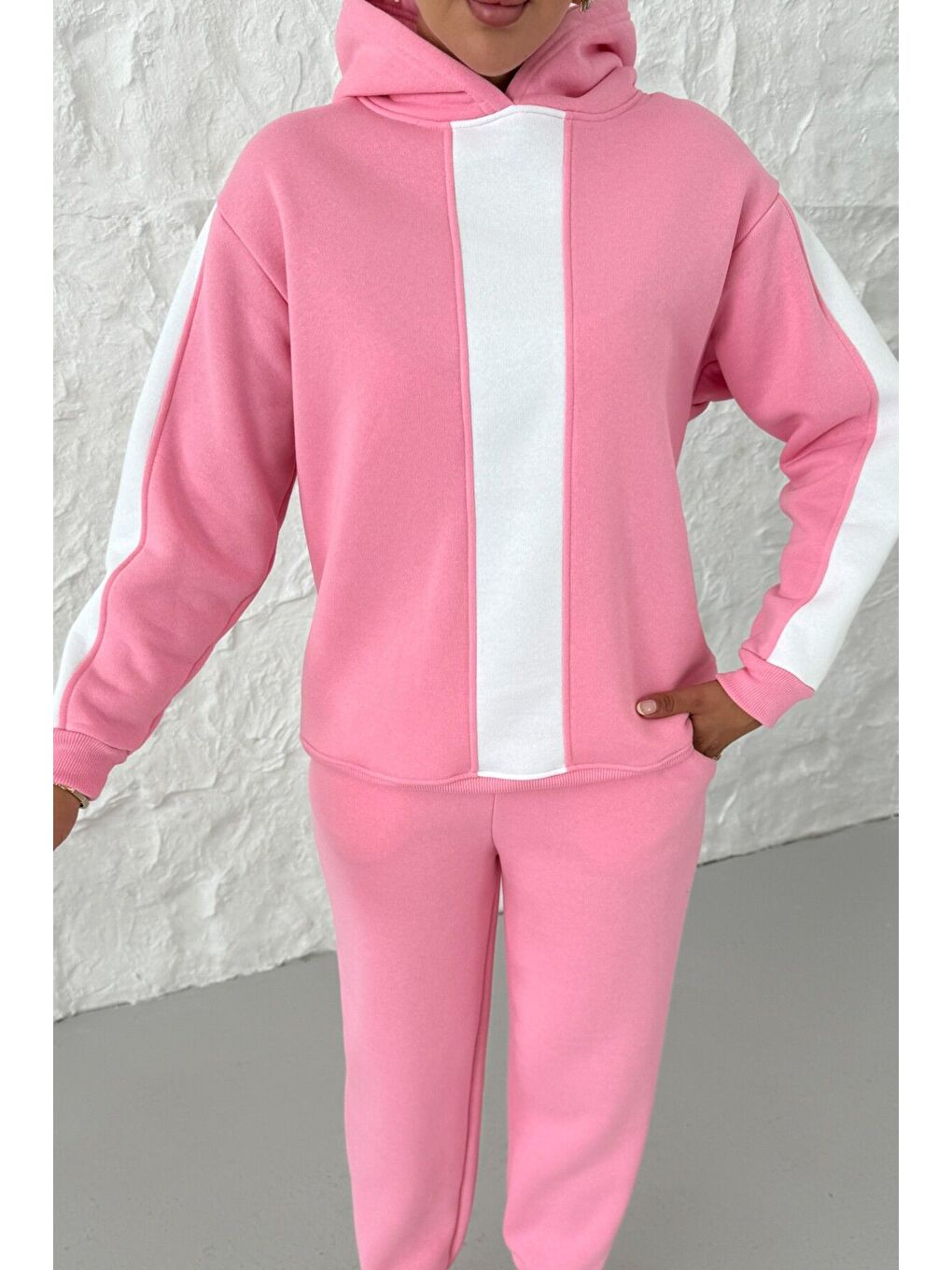 Kadın Pembe Kapüşonlu Kol Ve Göğüs Dikey Kalın Şeritli Alt-Üst Eşofman Takımı-7