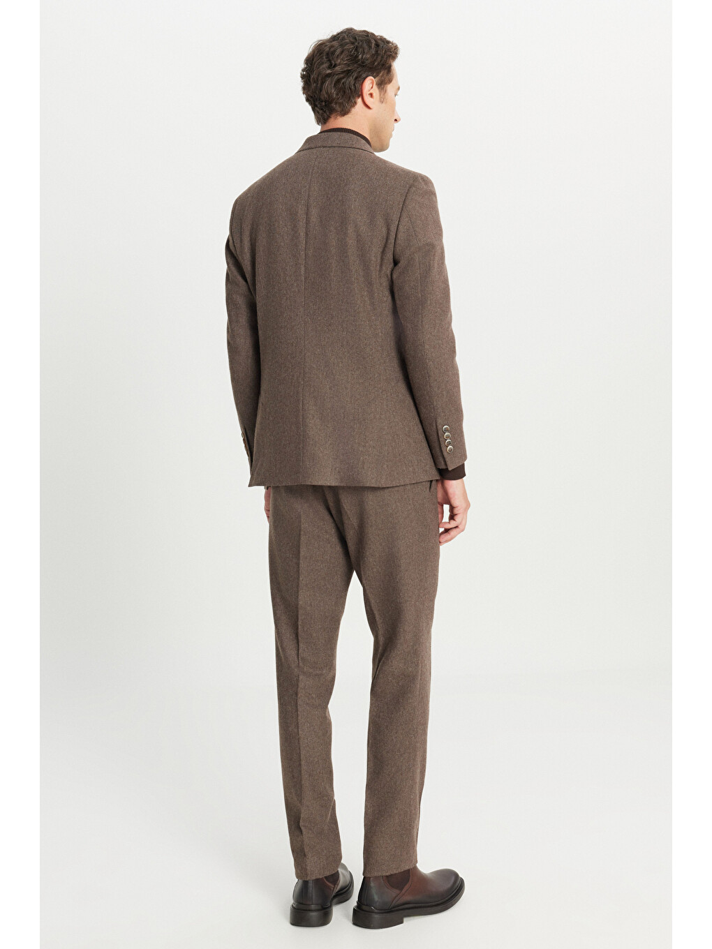 Erkek Kahverengi Yünlü Slim Fit Dar Kesim Mono Yaka Kapak Cepli Esnek Takım Elbise-7