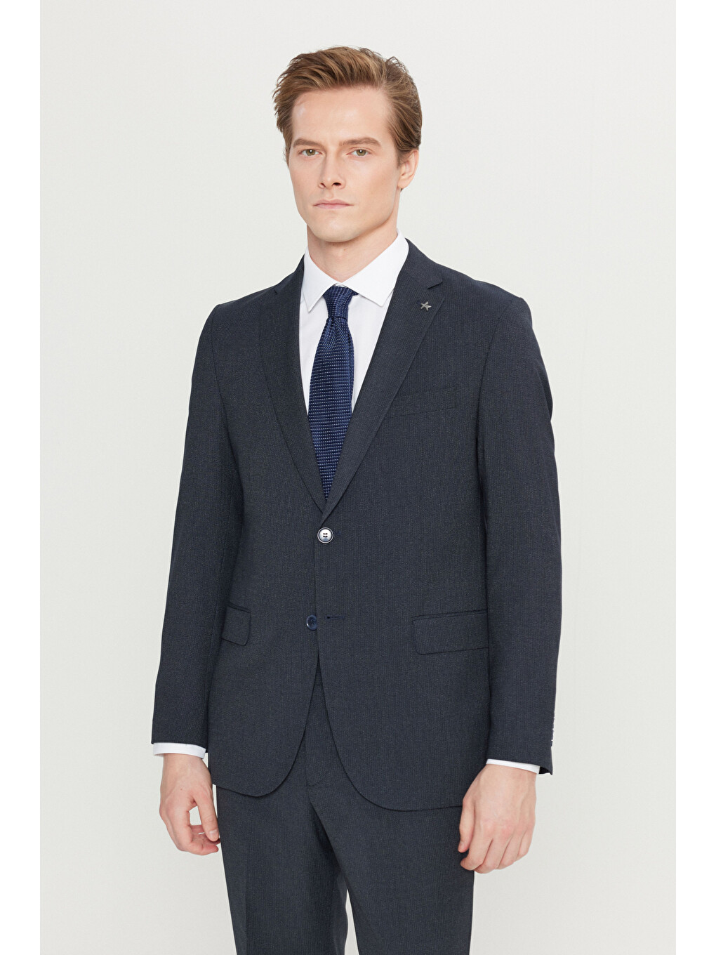 Erkek Lacivert Slim Fit Dar Kesim Mono Yaka Kapak Cepli Desenli Esnek Takım Elbise