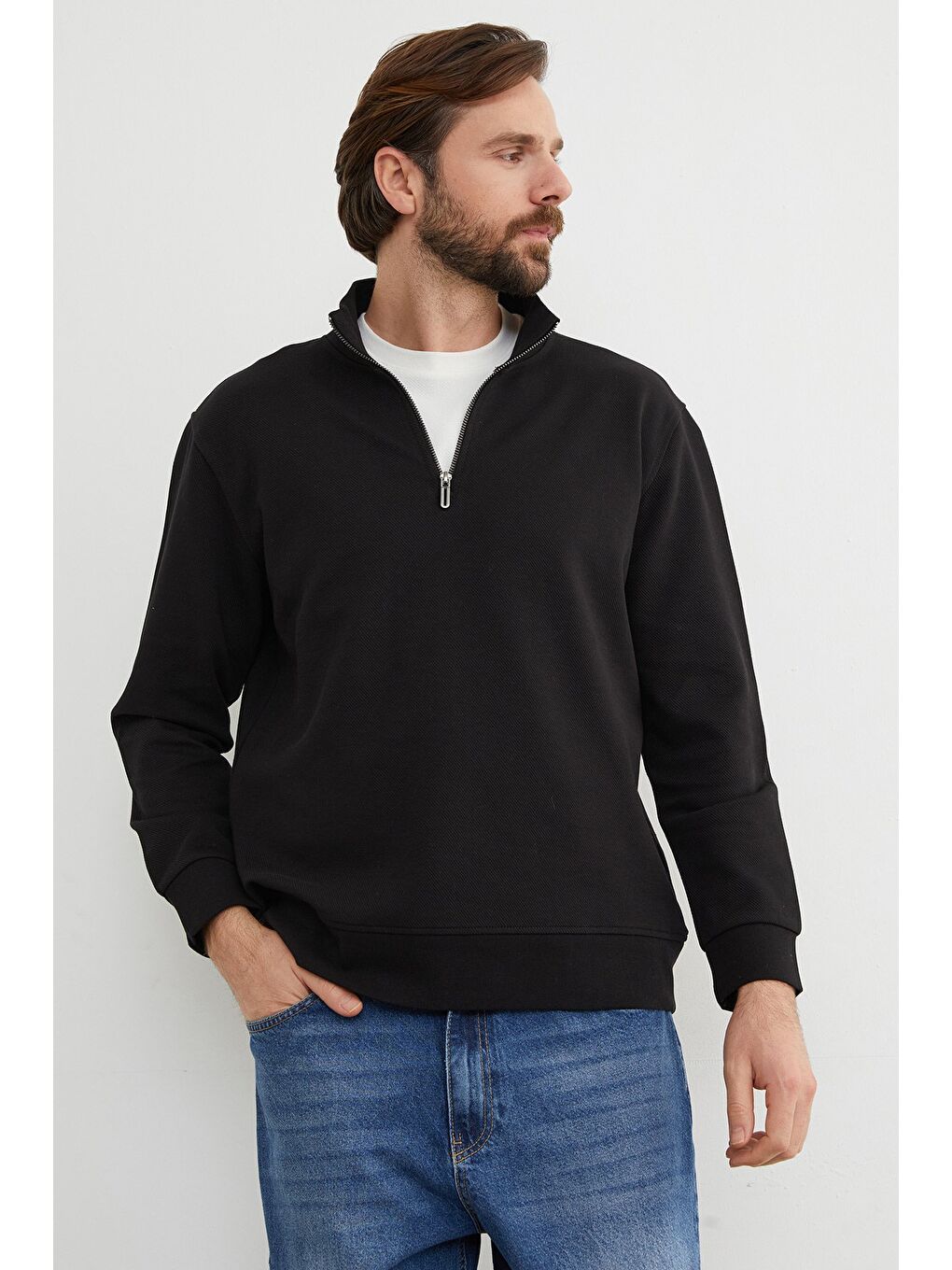 Siyah Fitilli Yarım Fermuarlı Sweatshirt-1