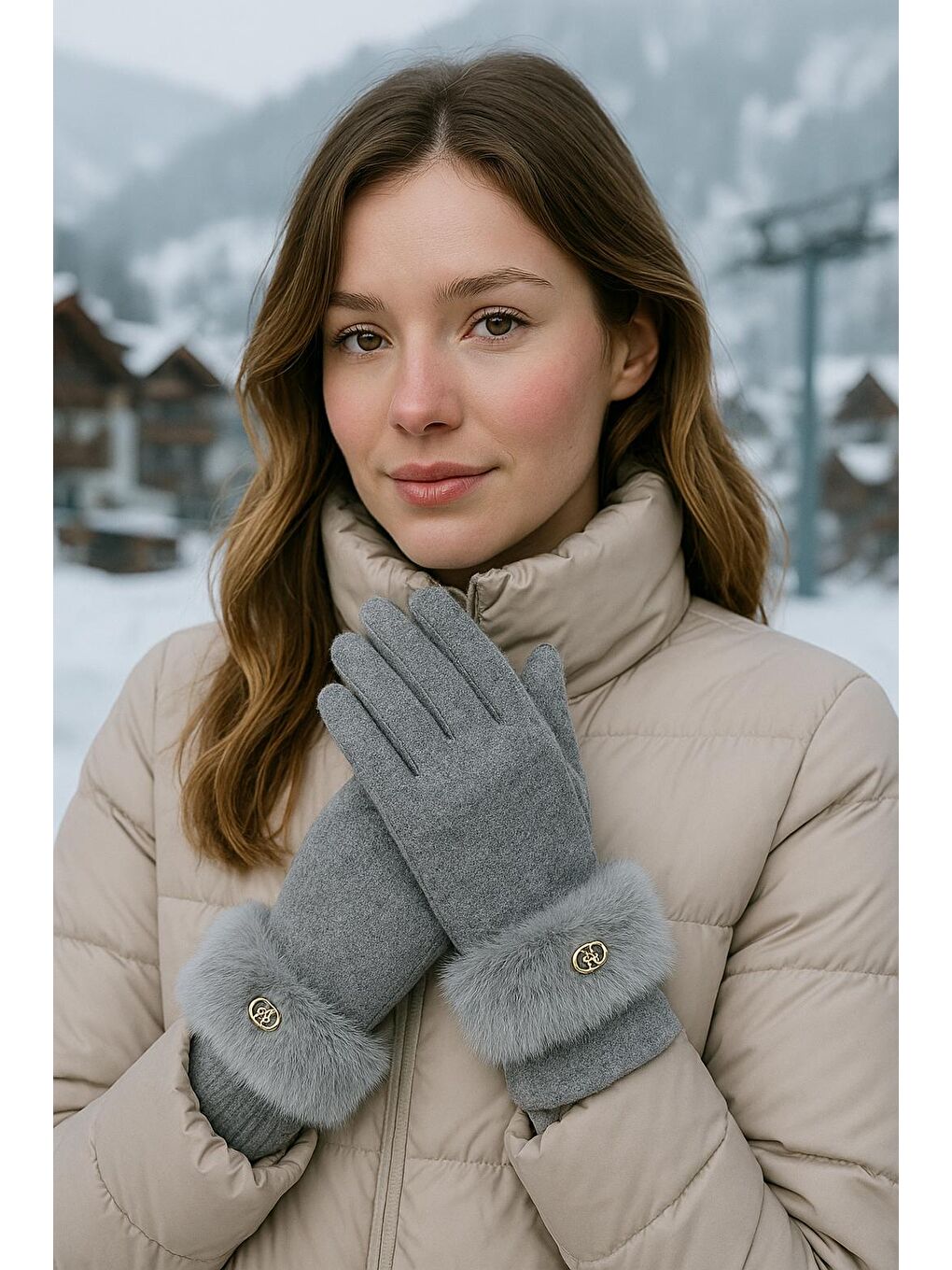 Kadın Bileği Kürklü Dokunmatik Gri Eldiven ELD29-3