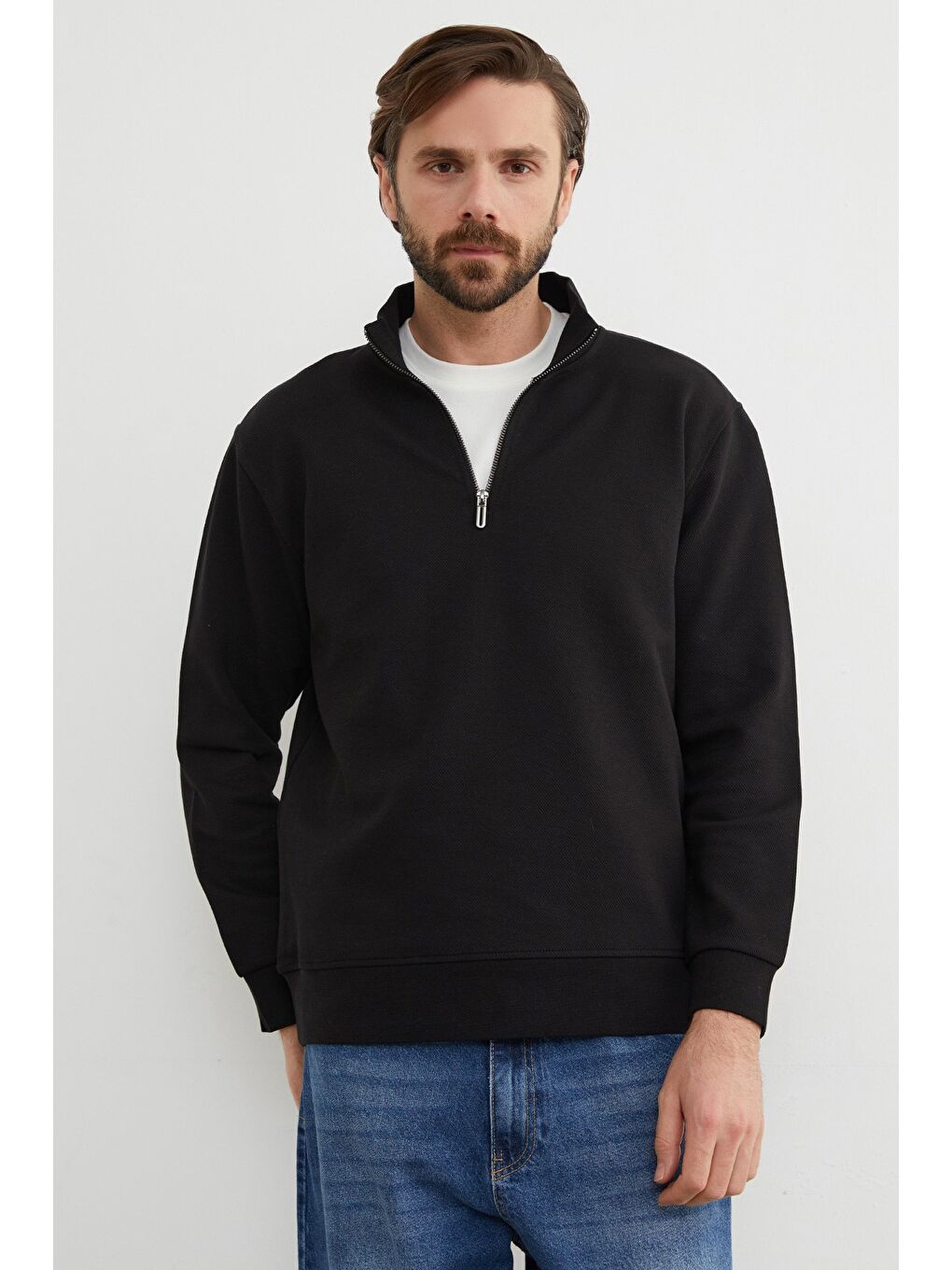 Siyah Fitilli Yarım Fermuarlı Sweatshirt-3