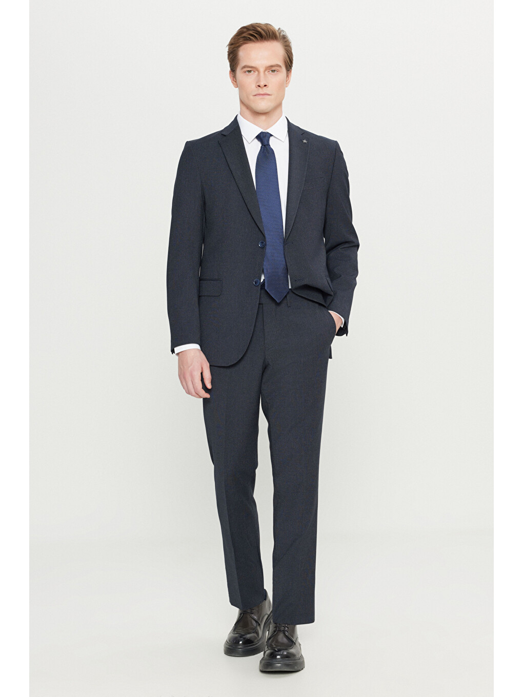Erkek Lacivert Slim Fit Dar Kesim Mono Yaka Kapak Cepli Desenli Esnek Takım Elbise-1