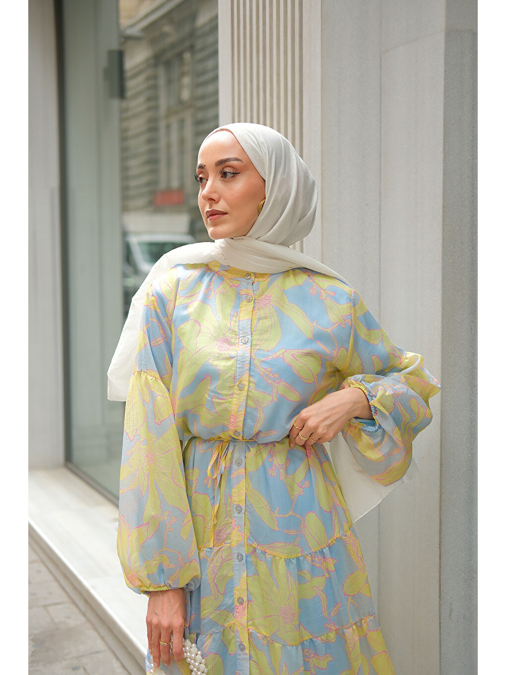 Kadın Karışık Çiçek Desen Elbise Mavi-1