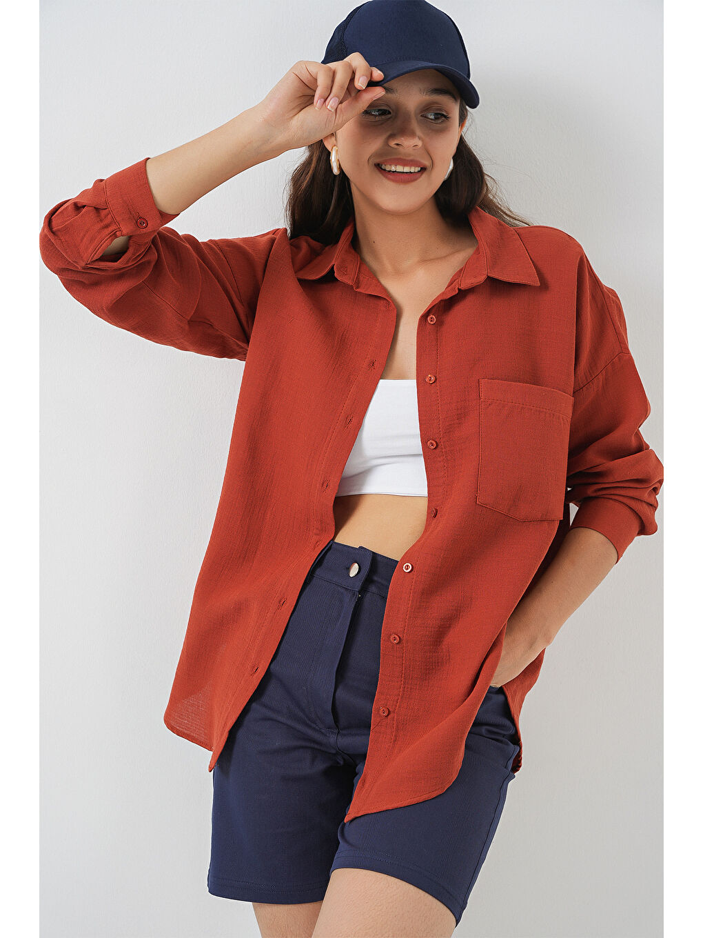 Kahverengi Kadın Tek Cepli Oversize Müslin Gömlek 20353 - Kiremit-2