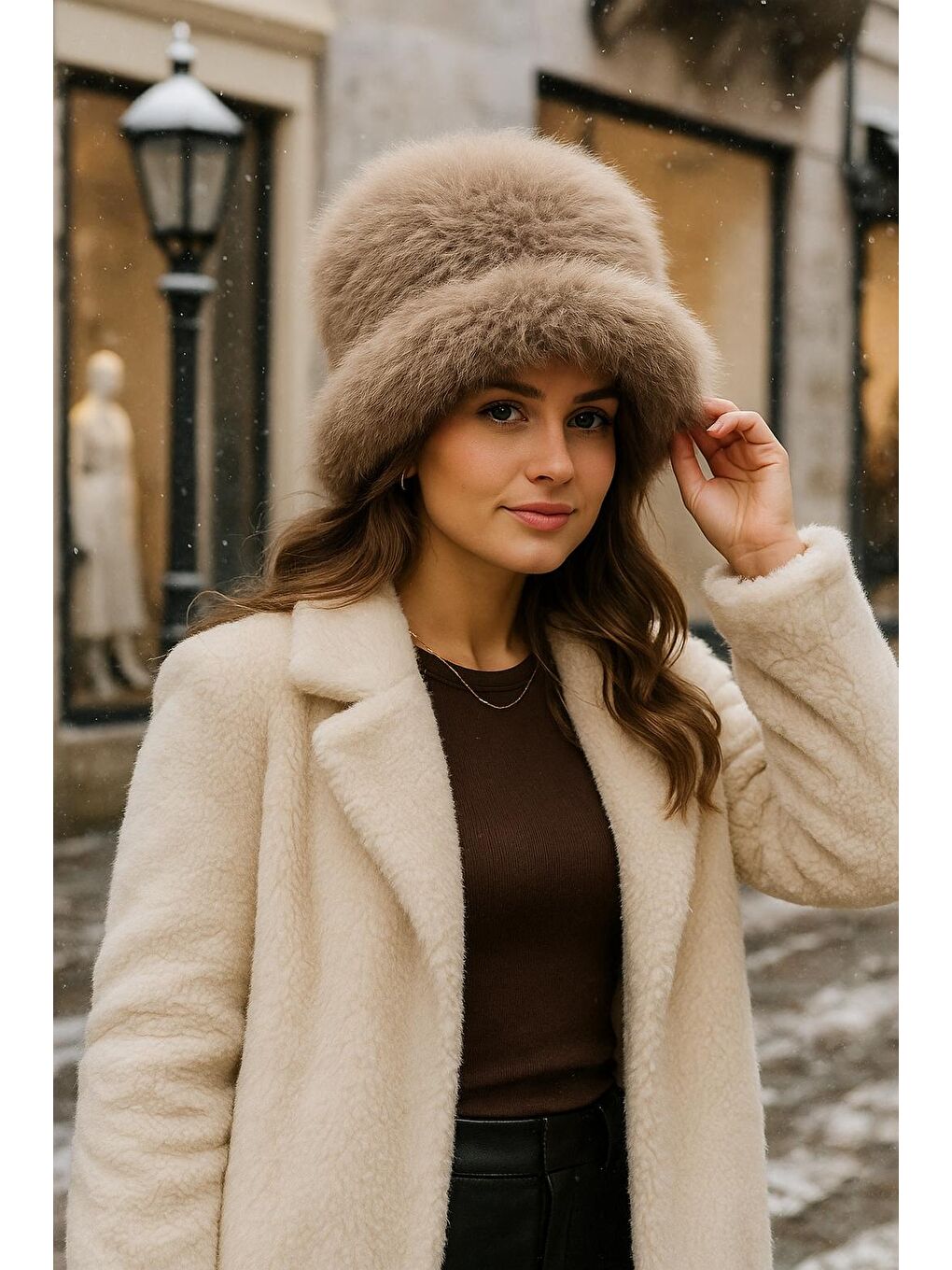 Bej Pelüş Ayarlanabilir Vizon Bucket Kalpak Şapka-bere Spk1142-1