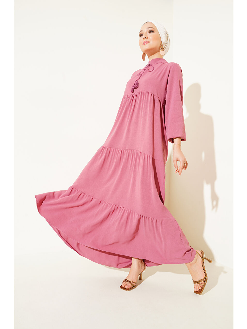 T1627 Yaka Bağcıklı Elbise - A. Pembe-1
