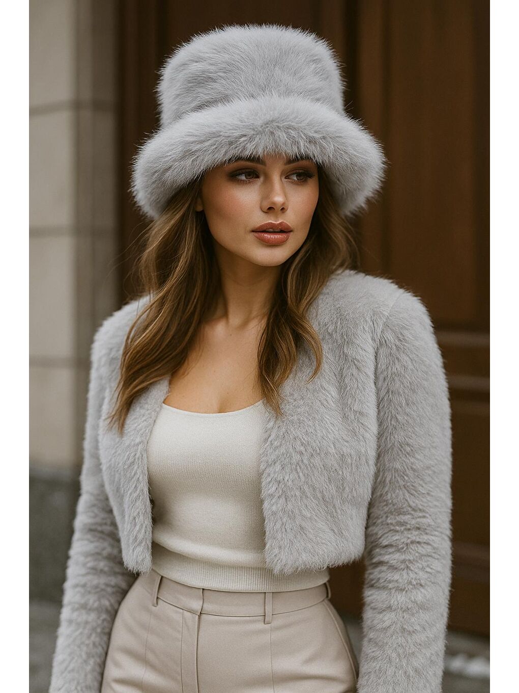 Pelüş Ayarlanabilir Gri Bucket Kalpak Şapka-bere Spk1142