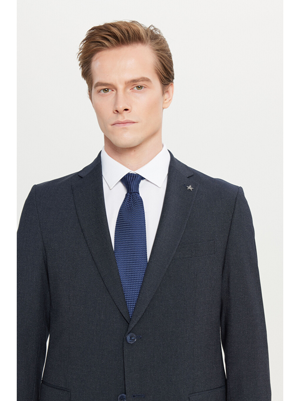 Erkek Lacivert Slim Fit Dar Kesim Mono Yaka Kapak Cepli Desenli Esnek Takım Elbise-3