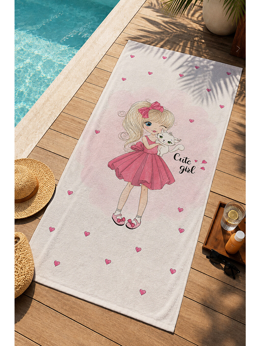 Masalsı Pembe Elbiseli Peri Kızı Kalpli Desenli 70x150 Plaj Havlusu - Dijital Baskılı Banyo Havlusu-1