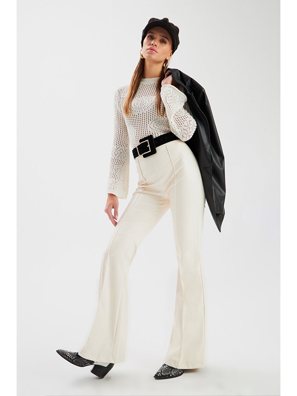 İspanyol Paça Deri Pantolon - Ekru