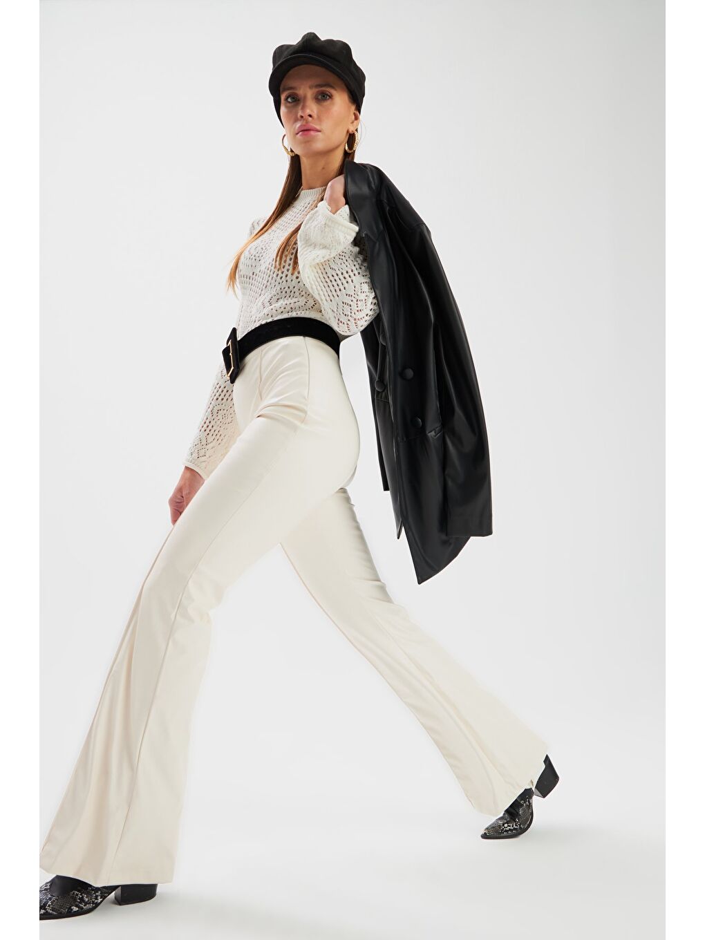 İspanyol Paça Deri Pantolon - Ekru-1