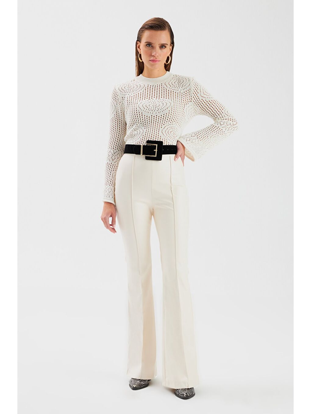 İspanyol Paça Deri Pantolon - Ekru-2
