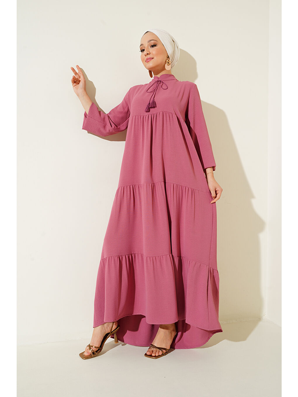 T1627 Yaka Bağcıklı Elbise - A. Pembe-2