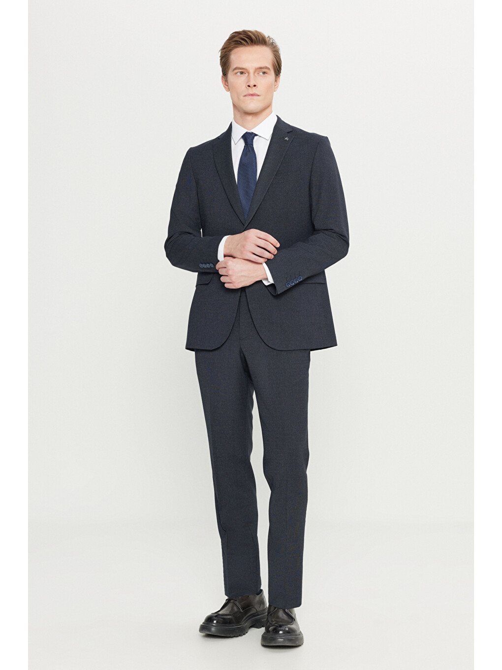 Erkek Lacivert Slim Fit Dar Kesim Mono Yaka Kapak Cepli Desenli Esnek Takım Elbise-4