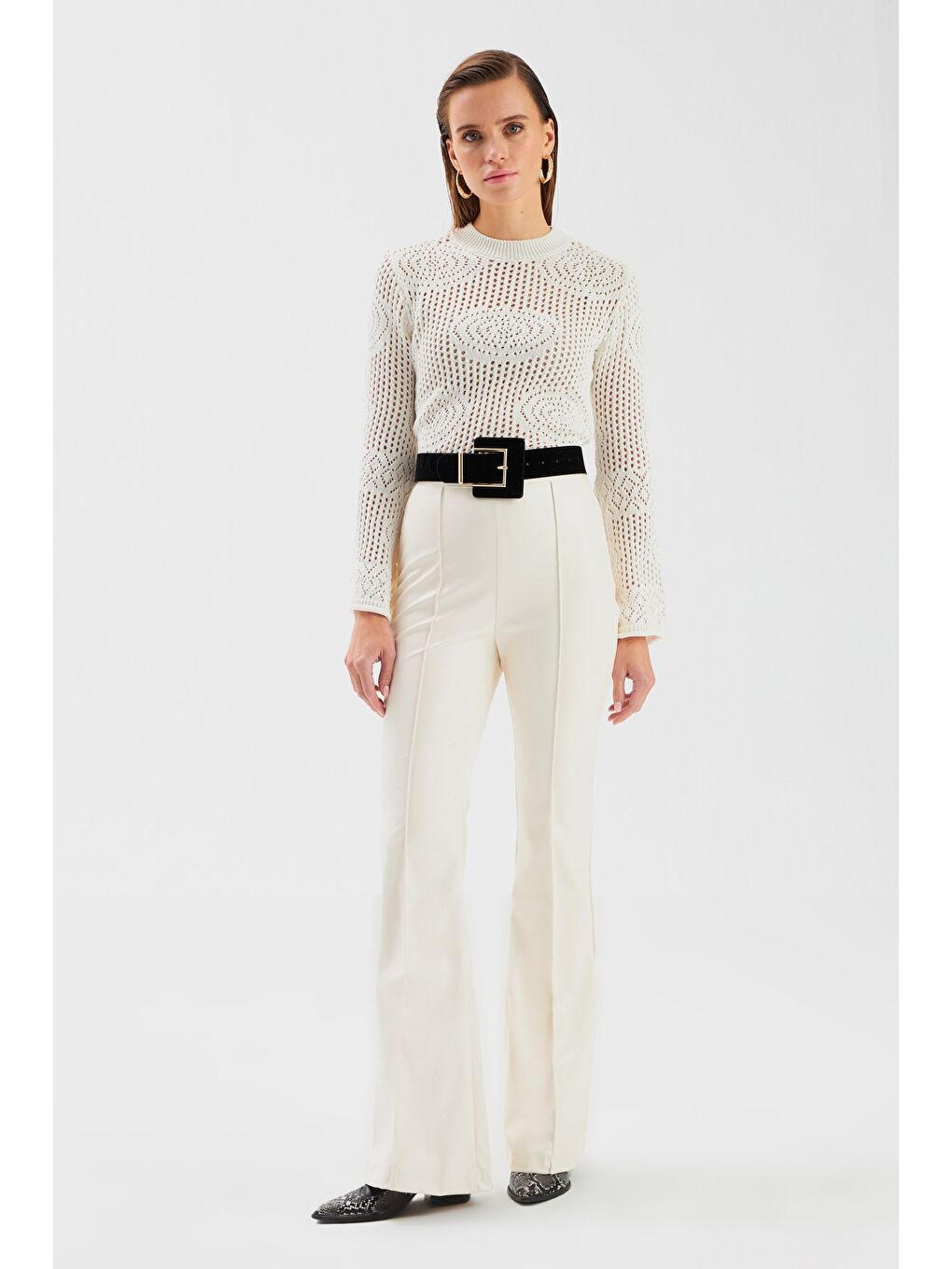 İspanyol Paça Deri Pantolon - Ekru-3