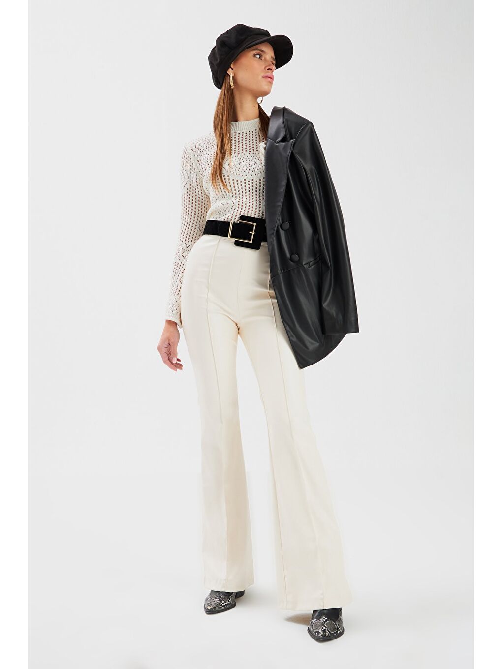 İspanyol Paça Deri Pantolon - Ekru-4