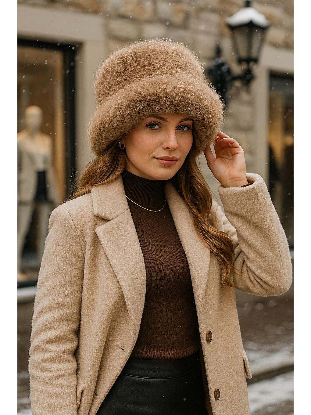 Bej Pelüş Ayarlanabilir Vizon Bucket Kalpak Şapka-bere Spk1142-2